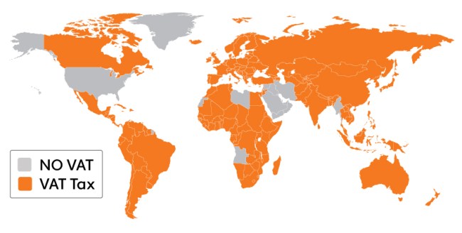 The countries that charge VAT are shown here.