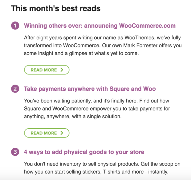 Content for store owners is handpicked and placed into this email. These are just three of the posts that appeared in the July mailer.