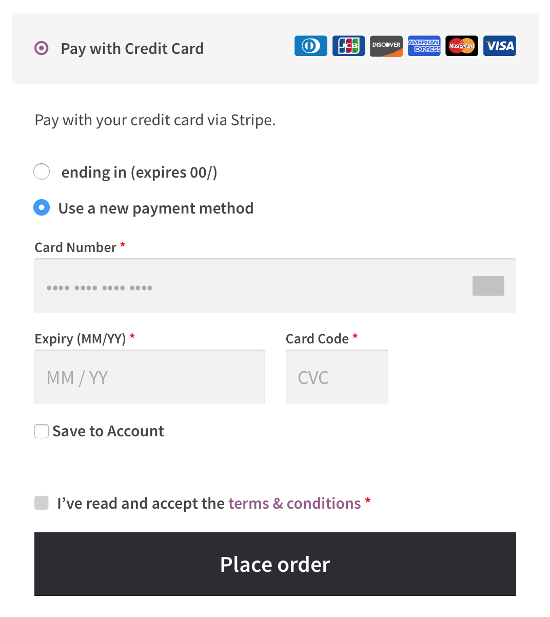 These are the fields a customer might see when completing a purchase on your store when Stripe is installed and in use.