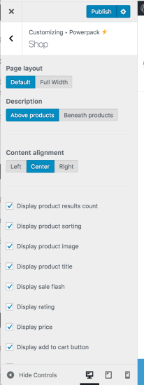 screenshot of the Powerpack > Shop customizer settings panel