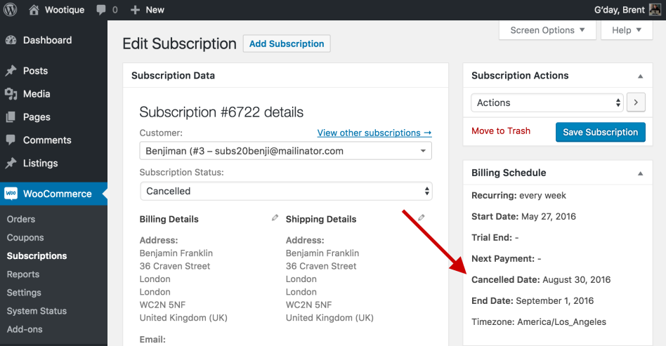 Cancellation Date on Edit Subscription Screen