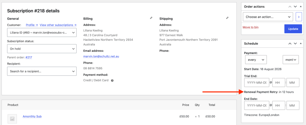 Screenshot of the Edit Subscription with a red arrow pointing at the Schedule panel where "Renewal Payment Retry" is visible and shows, in this example, "in 12 hours".