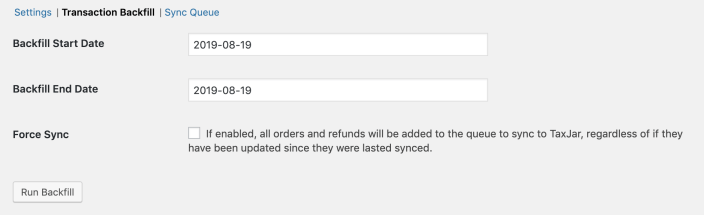 TaxJar Transaction Sync Backfill