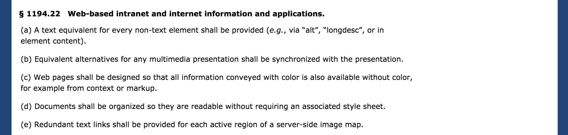 A sampling of these standards -- good rules to follow even if you aren't based in the US.