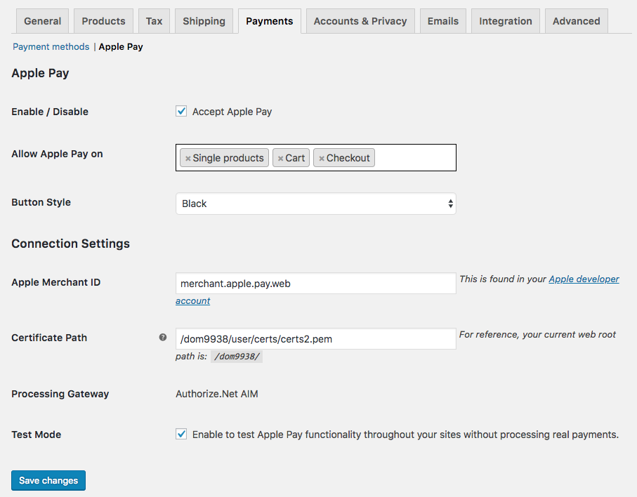 WooCommerce Apple Pay: plugin settings