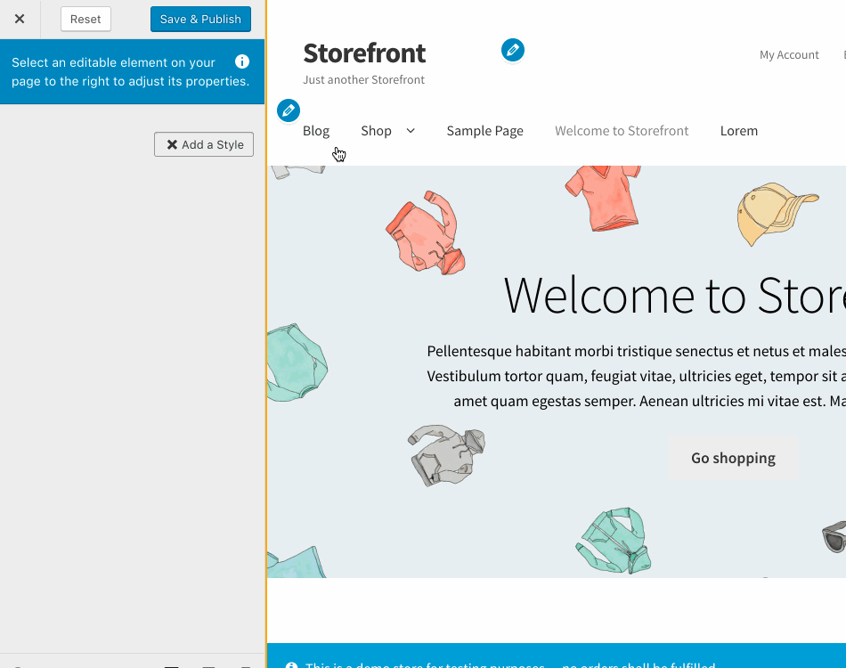A screencast showing simple customization of a WooCommerce site using the Storefront theme.