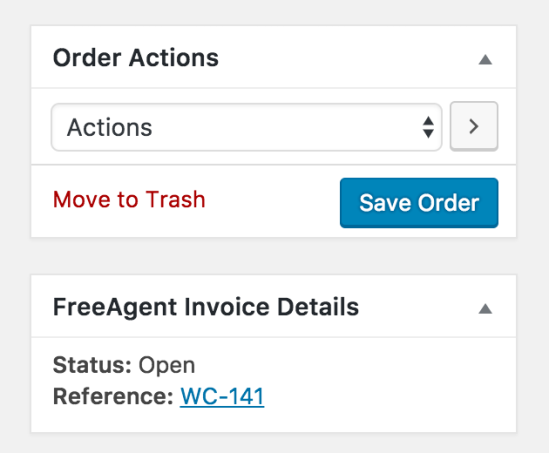 Screenshot of the Freeagent invoice meta-box shown on the Edit Order page