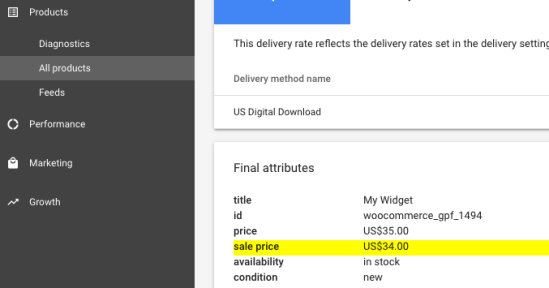 Screenshot of sale price in Google Merchant Centre