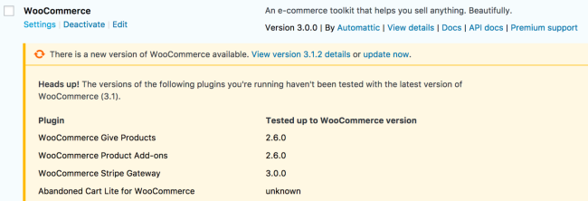 WooCommerce updates will warn you about outdated extensions
