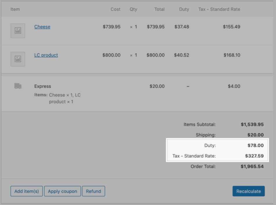 Cross-border fees on an order in the WooCommerce backend