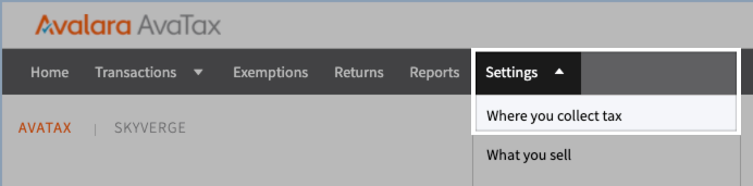 Where you collect tax menu in Avalara