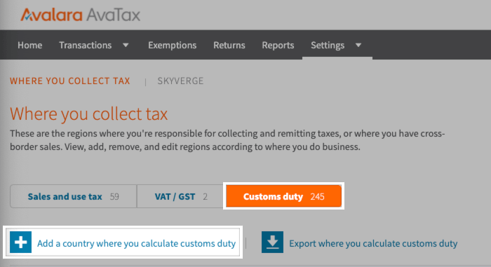 Adding a new country to the Customs Duty tab in Avalara