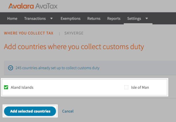 Adding countries where you collect customs duty in Avalara