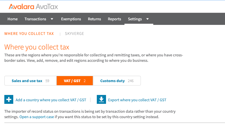 Adding a country to support VAT / GST calculation in Avalara