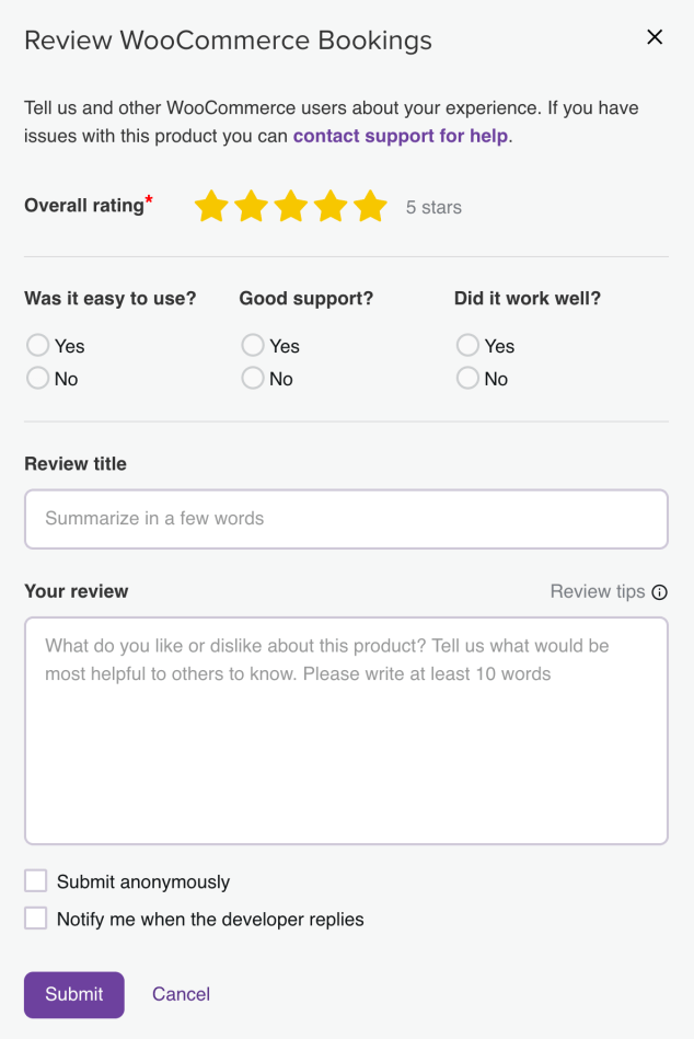 The review form. You can leave a rating and optional review.