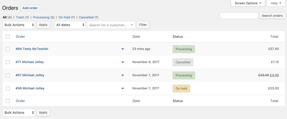 The revamped Orders screen in WooCommerce 3.3