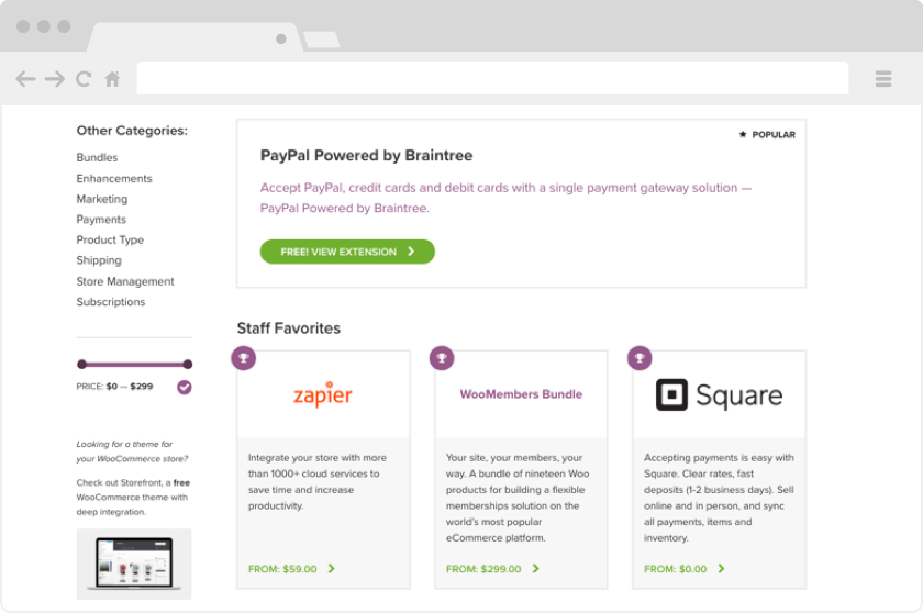 A screenshot showing the landing page of the WooCommerce extensions Marketplace.
