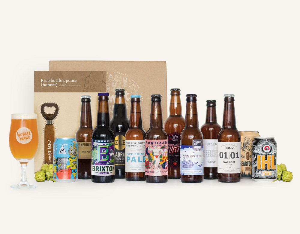 A picture of a craft beers in a row in front of an Honest Brew box