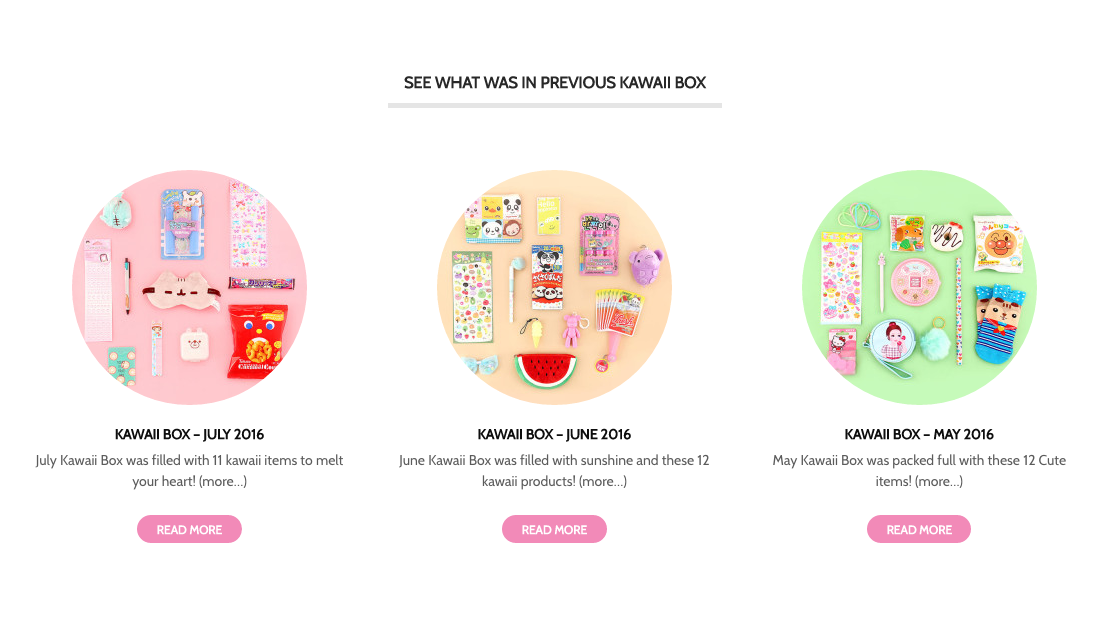 Image of the Kawaii Box homepage detailing their subscription options.