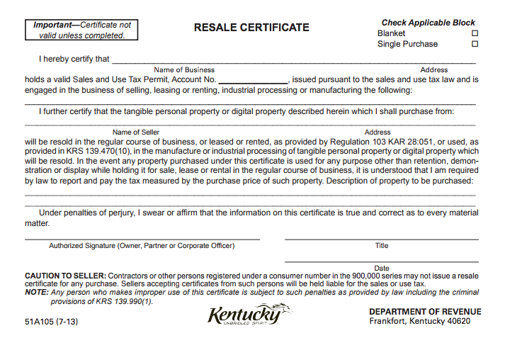 An example Kentucky resale certificate