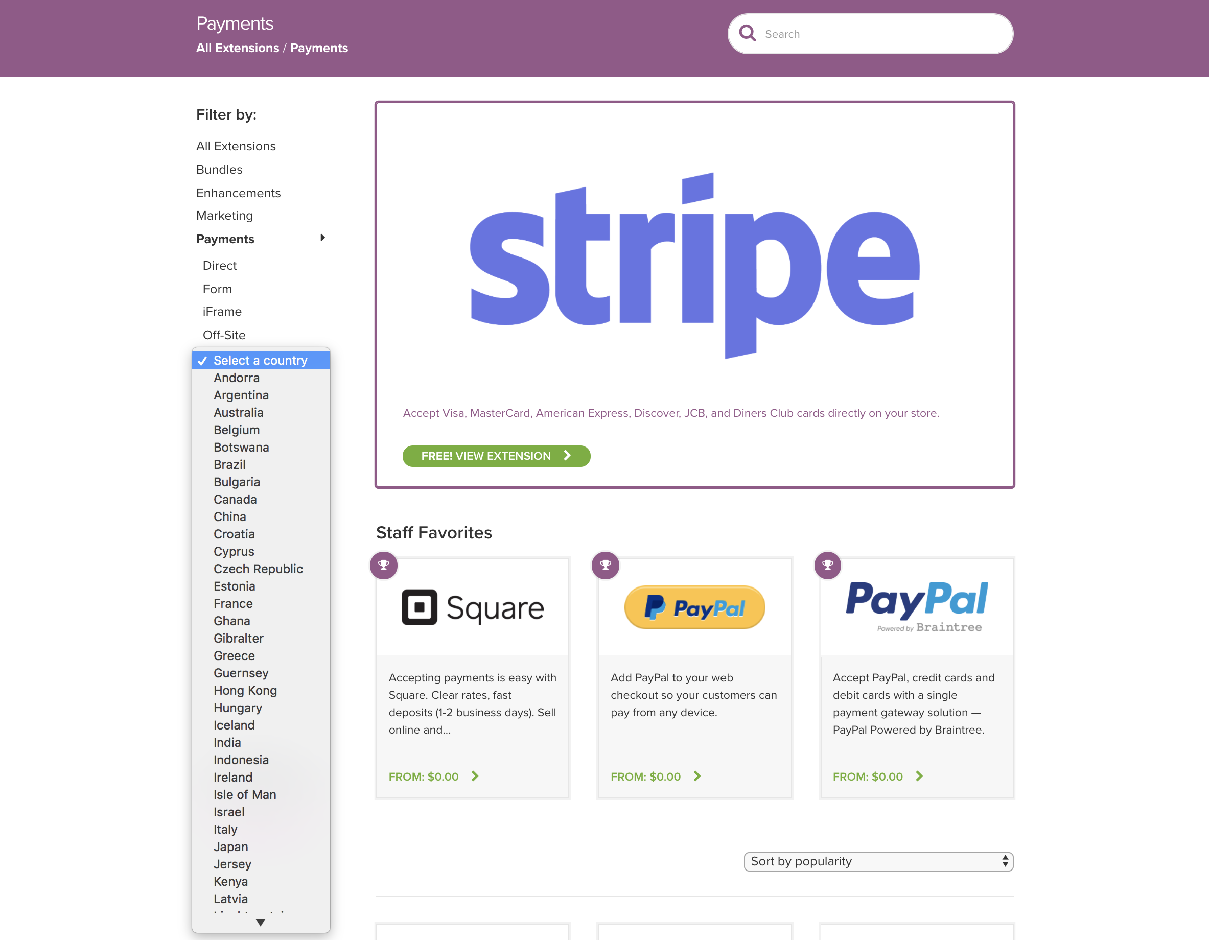 WooCommerce.com payments extensions with filter-by-country