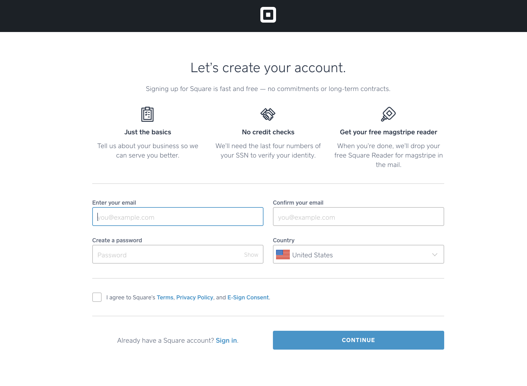 Sign up for your free Square account, then stay logged in to Square during the setup of your WooCommerce Square plugin