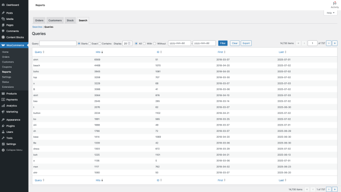 The Queries report showing filters and the table of search queries.
