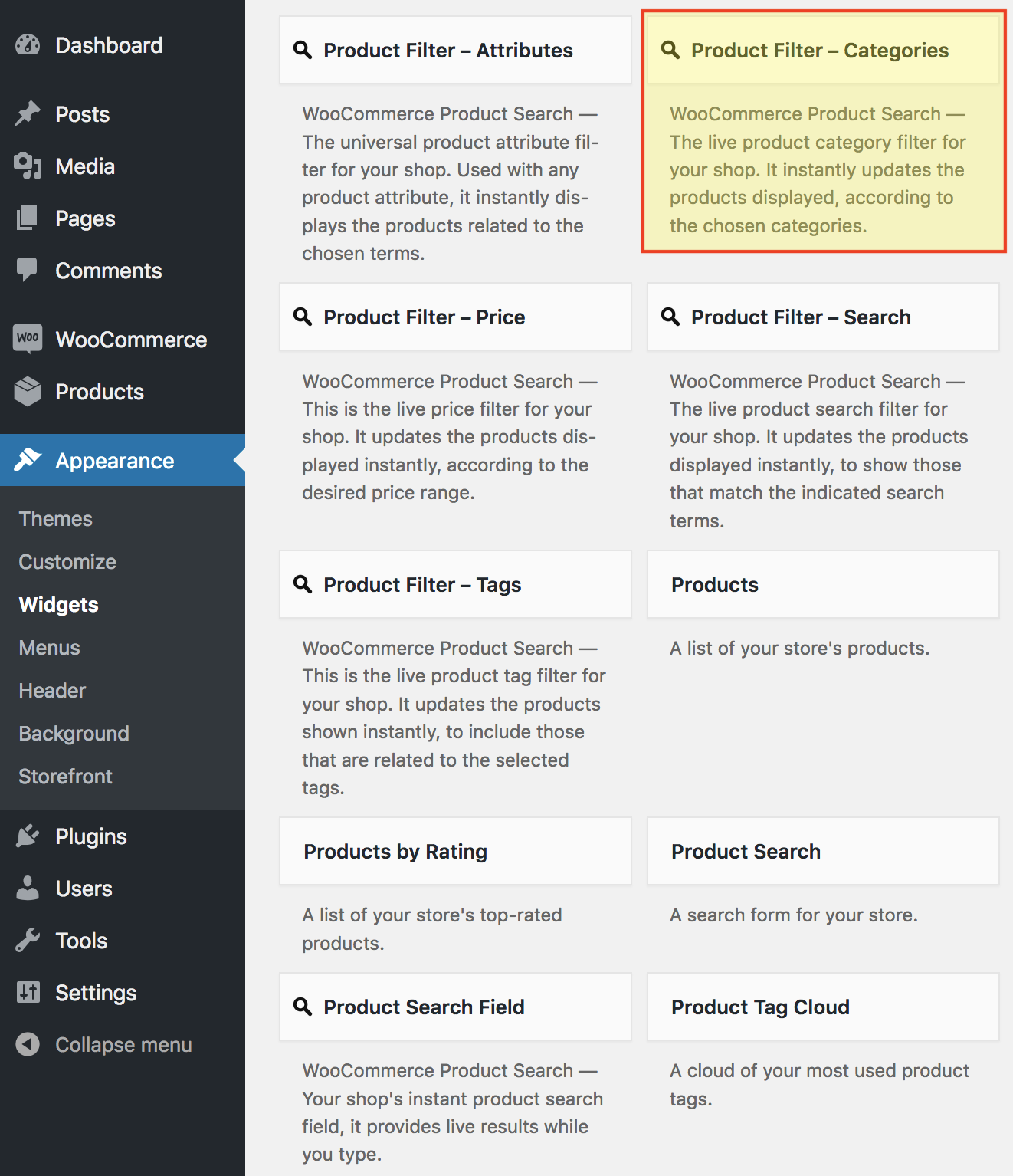 Product Filter Categories -