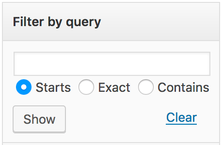 The Filter by query filter showing options to match queries that start with a term, match an exact term or contain a term.
