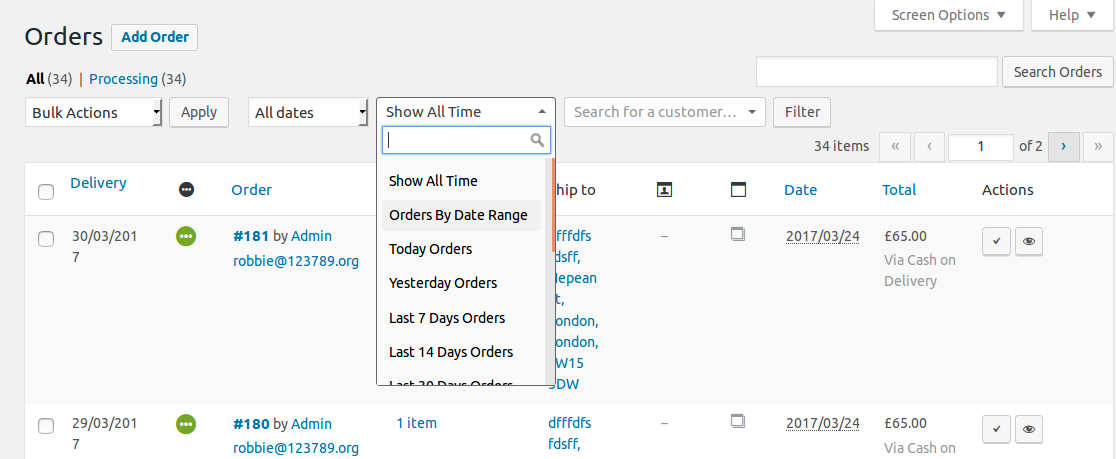 A view of the Woo Orders date range filter plugin screen