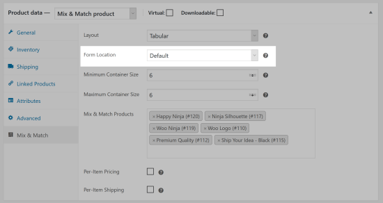 WooCommerce Product metabox showing the Mix and Match settings, Layout setting highlighted