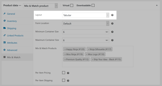WooCommerce Product metabox showing the Mix and Match settings, Form Location setting highlighted