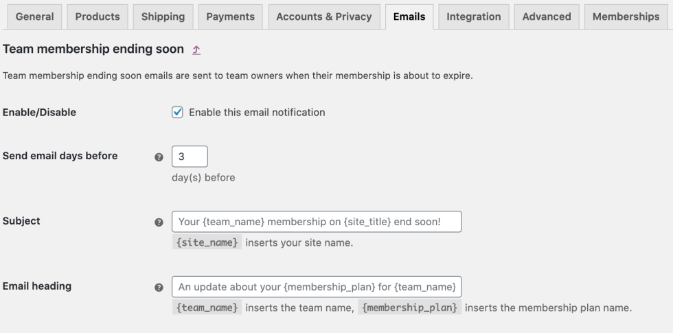 Teams email notification settings under WooCommerce > Settings > Emails.
