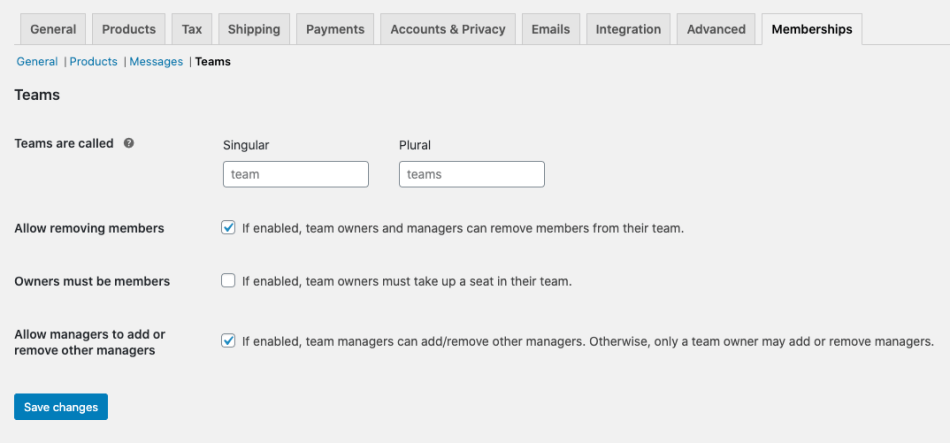 Teams for Memberships settings