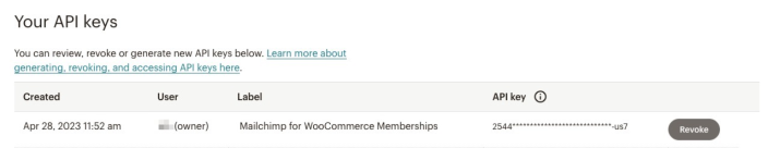 Mailchimp for WooCommerce Memberships: Get API Key, step 3