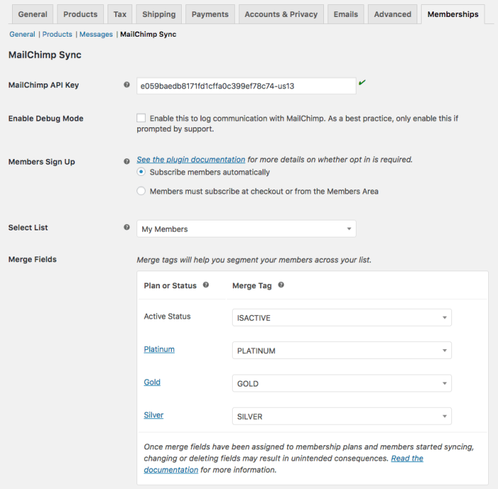 Mailchimp for WooCommerce Memberships: List settings