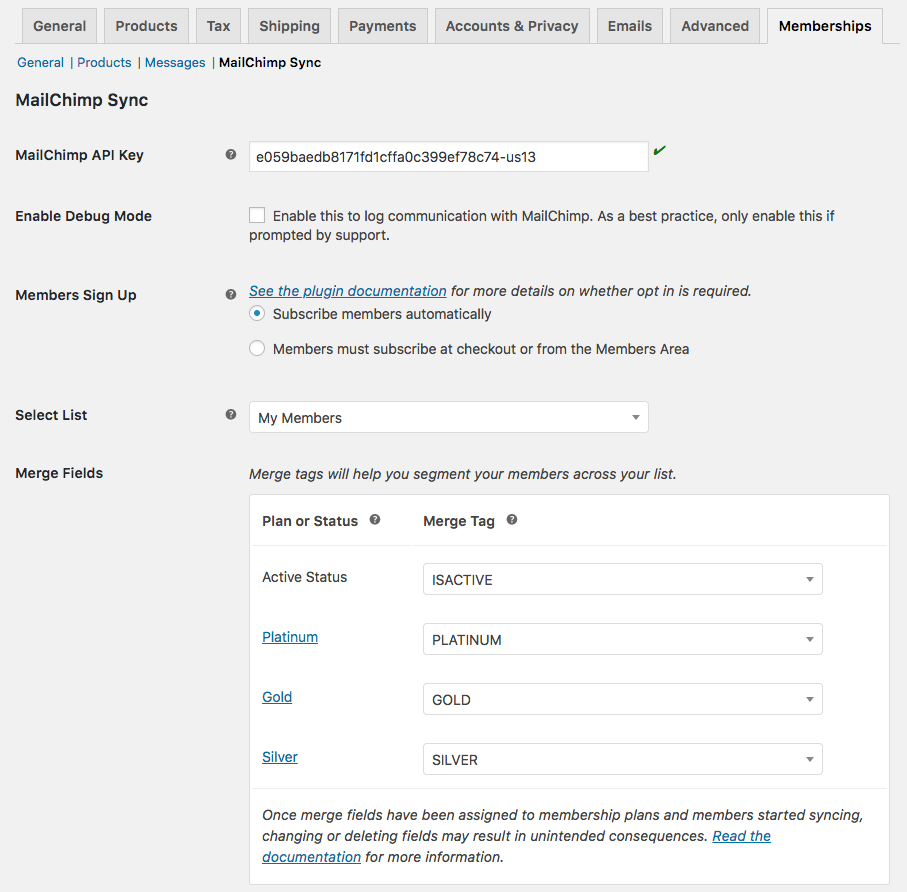 MailChimp for WooCommerce Memberships: List settings