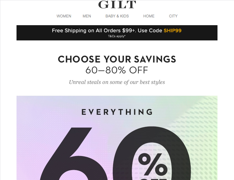 A promotional email from GILT announcing a sale on all items.