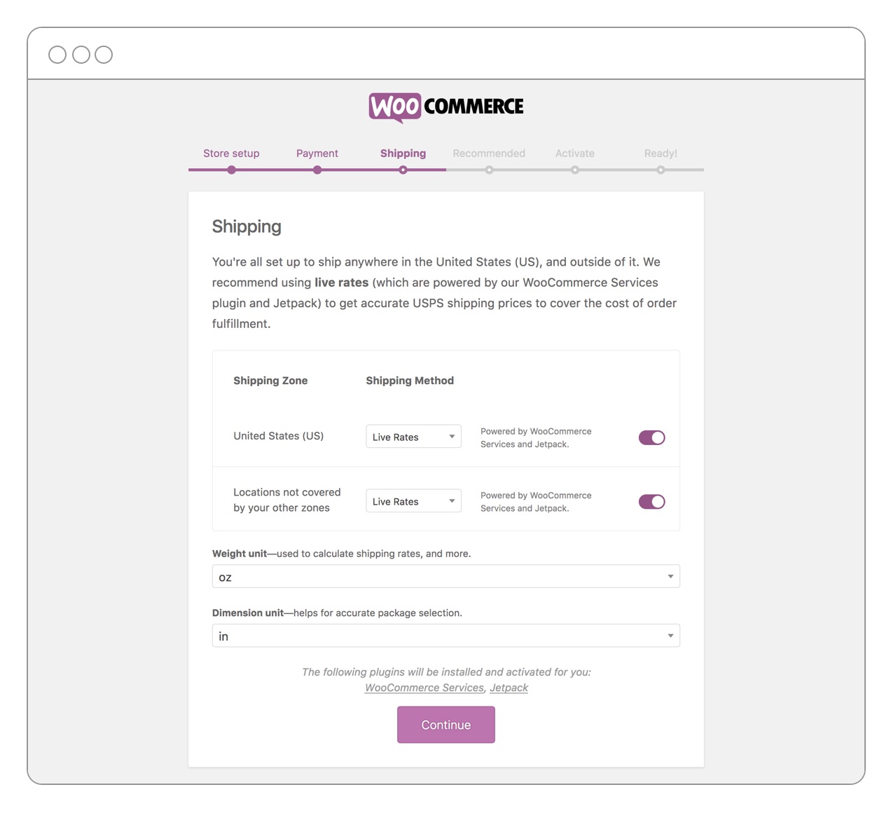 The WooCommerce onboarding wizard will set up WooCommerce Shipping if your geo-location indicates you are eligible for the service