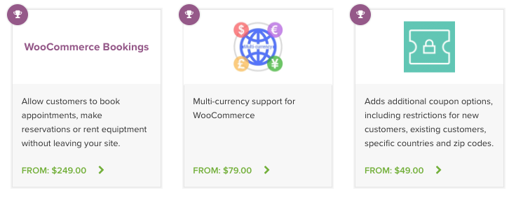 Examples of three popular extensions from the WooCommerce.com marketplace