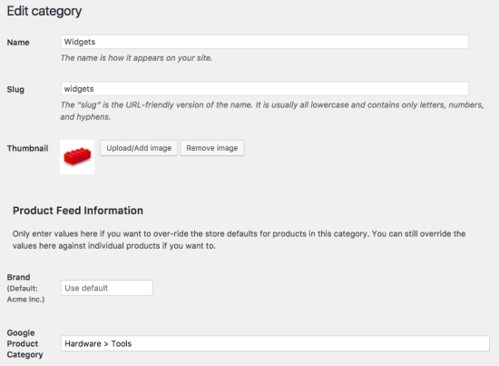 Once you’ve enabled a field in the plugin settings, then you’ll see a data-entry field against the WooCommerce product where you can provide a value for that field that will apply to all products within that category.