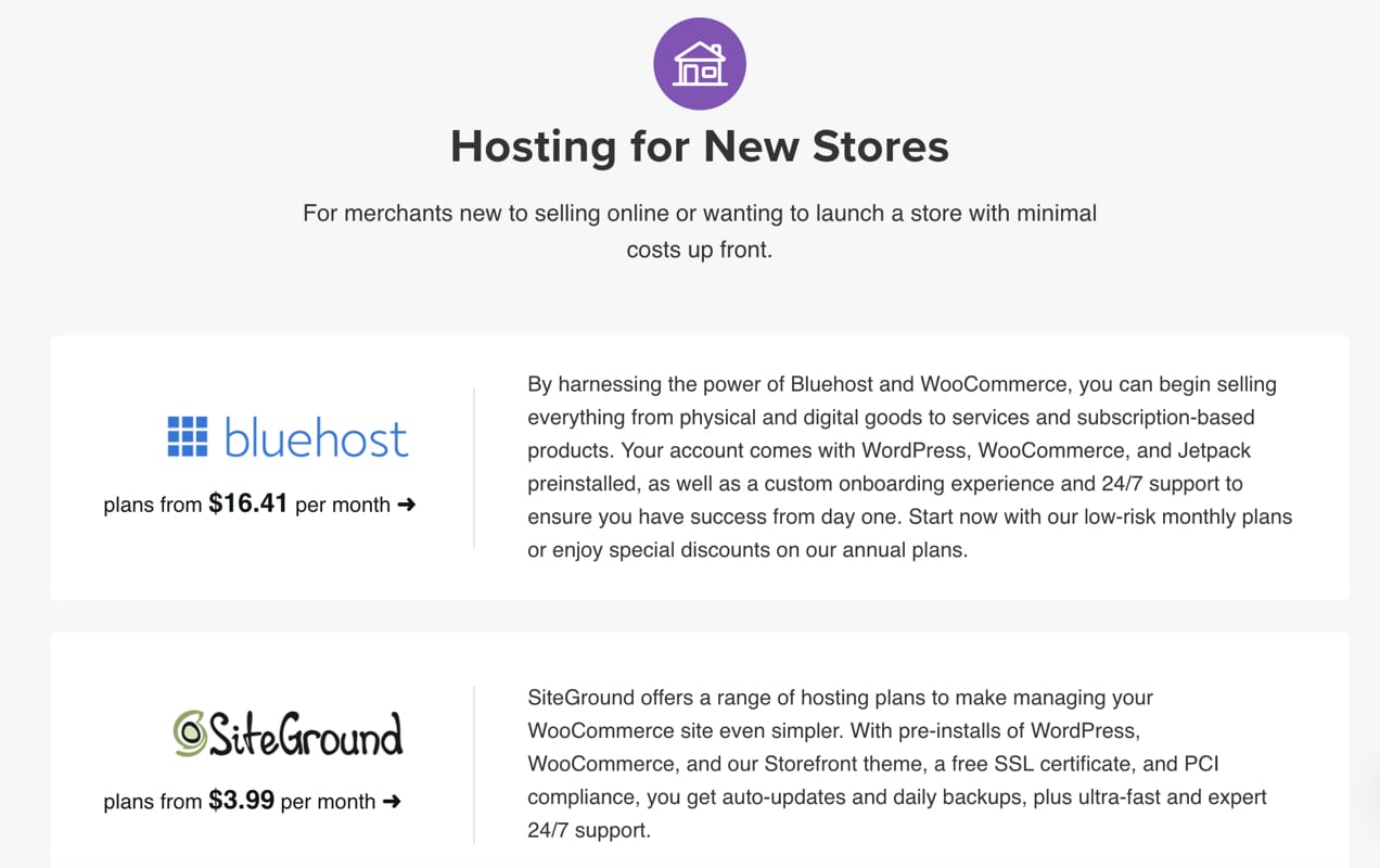 list of hosting recommendations from WooCommerce