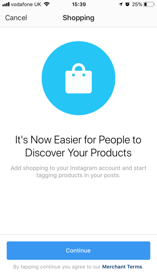 Screenshot showing the Shopping start page within the Instagram app