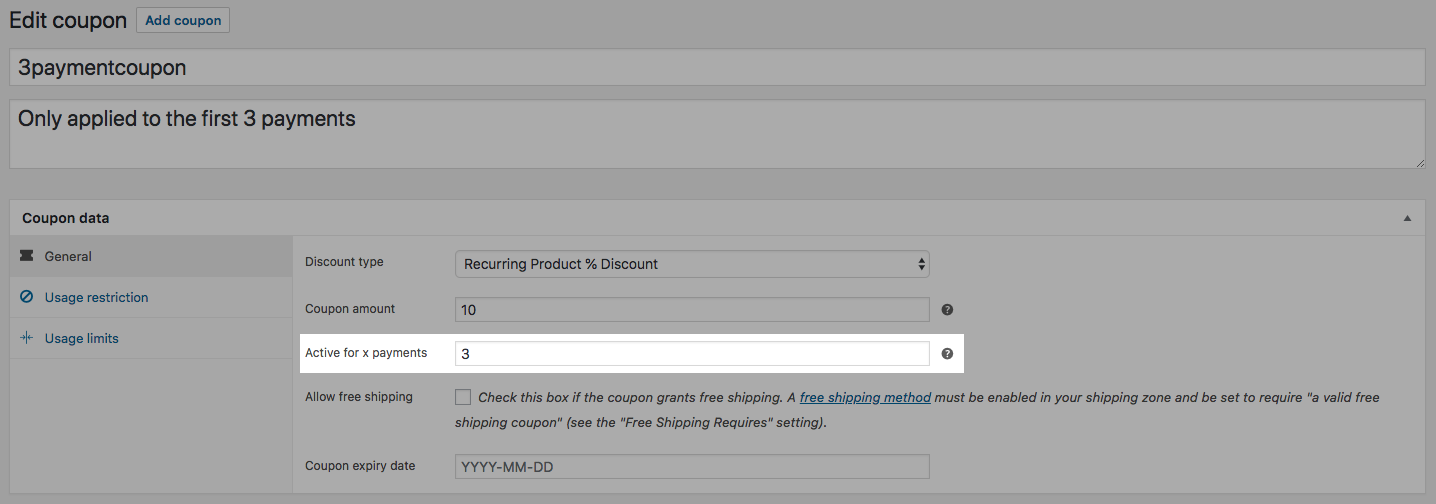 Limited Subscription Payment Coupon Setting
