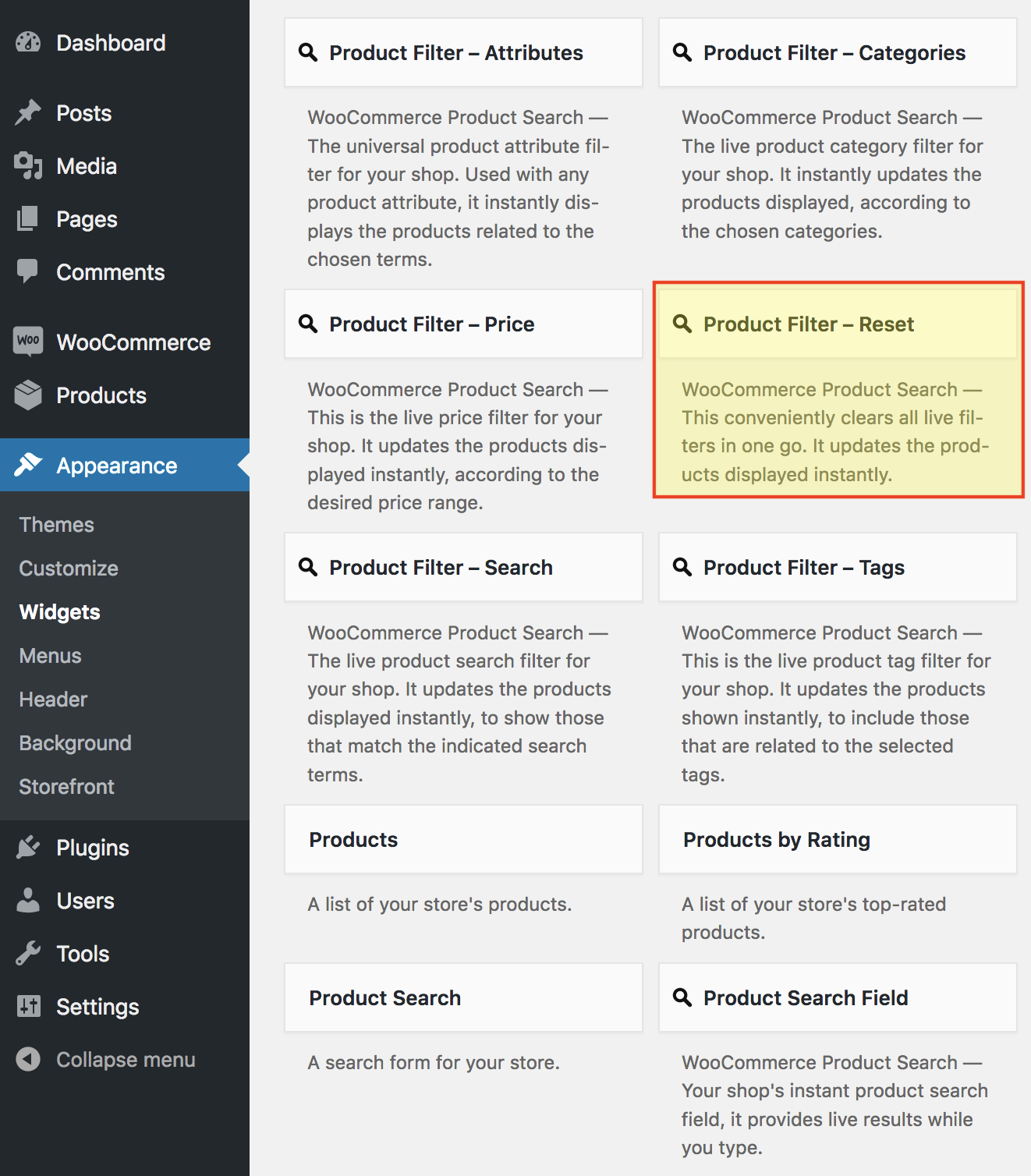 Product Filter – Reset Widget