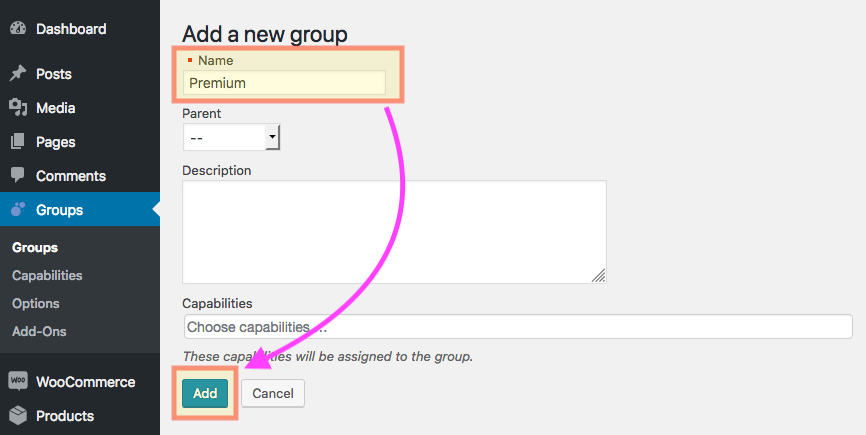 Showing the form where we create the Premium group