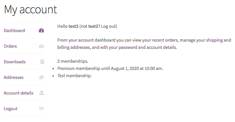 My Account showing customer memberships via shortcode