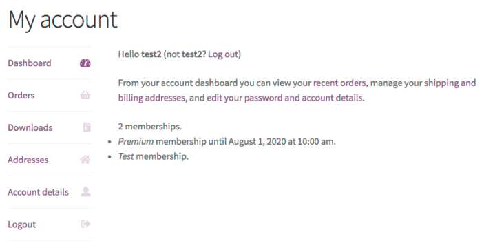 My Account showing customer memberships via shortcode