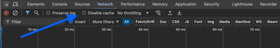 Screenshot of Chrome developer tools with an arrow pointing to the disable cache box