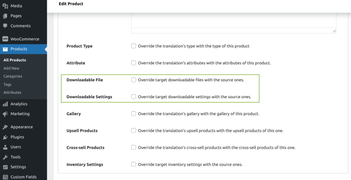 WooCommerce MultilingualPress Product Data -Downloadable Files and Settings